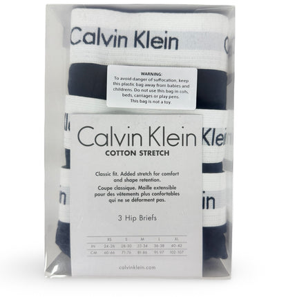 Calvin Klein Men’s Cotton Stretch Hip Brief 3 Pack – Black with White Band