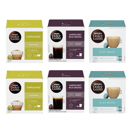 Nescafe Dolce Gusto Coffee Capsules Variety Pack 96 Pack (6 x 16) – Cappuccino, Americano & Flat White