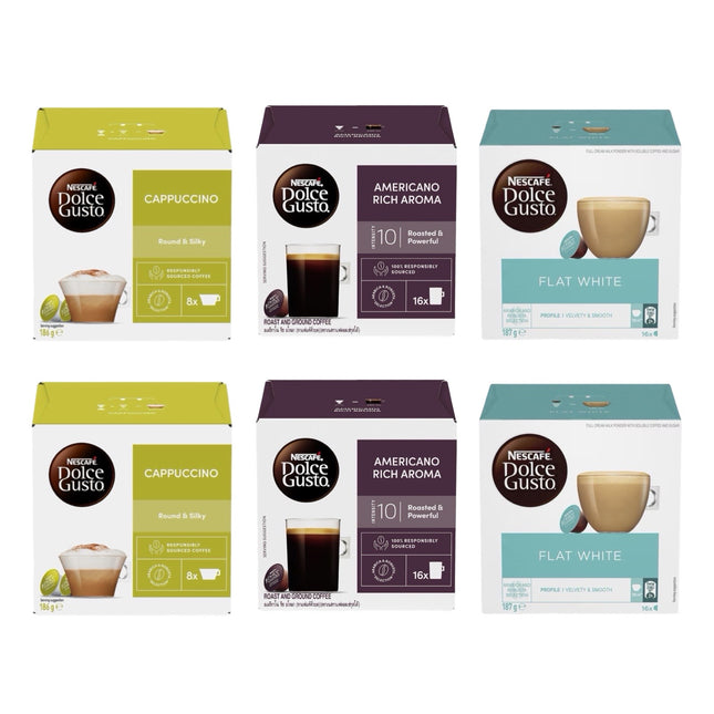 Nescafe Dolce Gusto Coffee Capsules Variety Pack 96 Pack (6 x 16) – Cappuccino, Americano & Flat White
