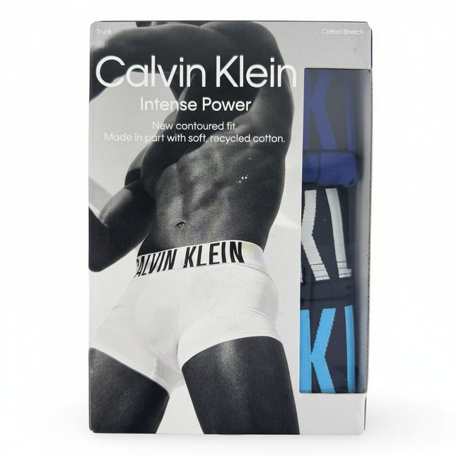 Calvin Klein Men's Intense Power Trunks 3 Pack in Black, Blue and Cobalt