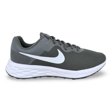 Side profile of Nike Revolution 6 NN men’s running shoes – Iron Grey with White and Smoke Grey details