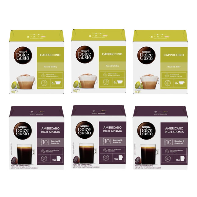 Nescafe Dolce Gusto Coffee Capsules Variety Pack 96 Pack (6 x 16) – Cappuccino & Americano