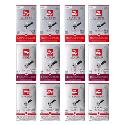 Illy E.S.E. Coffee Pods Variety Pack Medium & Dark Roast – 216 Pack (Classico, Intenso & Lungo 12 x 18)