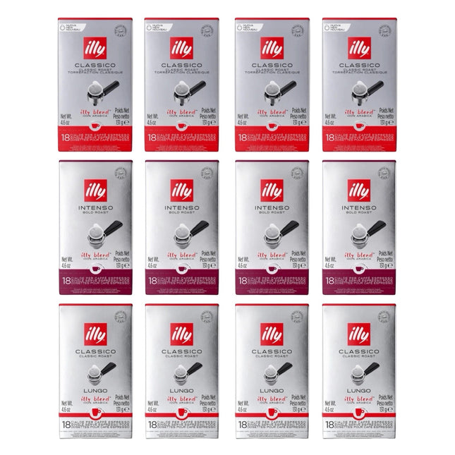 Illy E.S.E. Coffee Pods Variety Pack Medium & Dark Roast – 216 Pack (Classico, Intenso & Lungo 12 x 18)