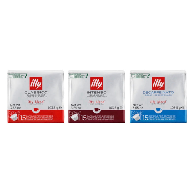 Illy MPS Coffee Capsules Variety Pack 45 Pack (Classico, Intenso & Decaf – 3 x 15)