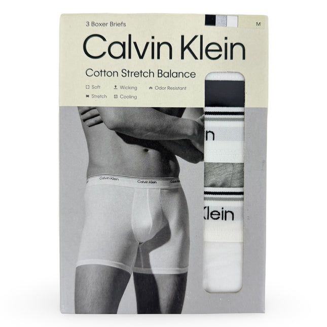 Calvin Klein Men’s Cotton Stretch Balance Boxer Briefs 3 Pack – Black/Grey/White