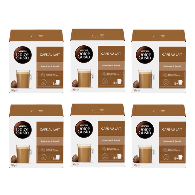 Nescafe Dolce Gusto Cafe Au Lait Coffee Capsules 96 Pack (6 x 16) - Creamy & Smooth