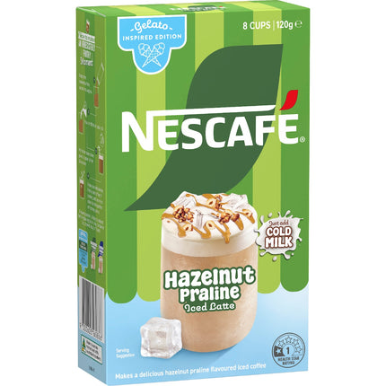 Nescafé Hazelnut Praline Iced Latte sachet pack front view
