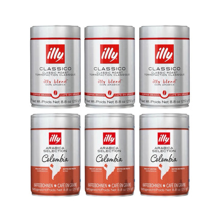 Illy Whole Bean Coffee Variety Pack 1.5kg (Classico & Colombia – 6 x 250g)