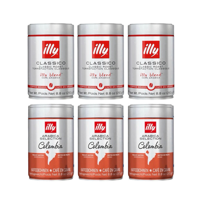 Illy Whole Bean Coffee Variety Pack 1.5kg (Classico & Colombia – 6 x 250g)