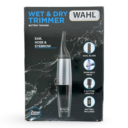 Wahl Wet & Dry Trimmer packaging with product image and features on a black background