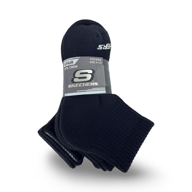 Skechers Boys Quarter Crew Socks 6 Pack Black Cotton Blend Size 7–8.5