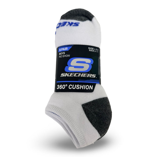 Skechers Boys No Show Socks 6 Pack White Grey Sock Size 9–11