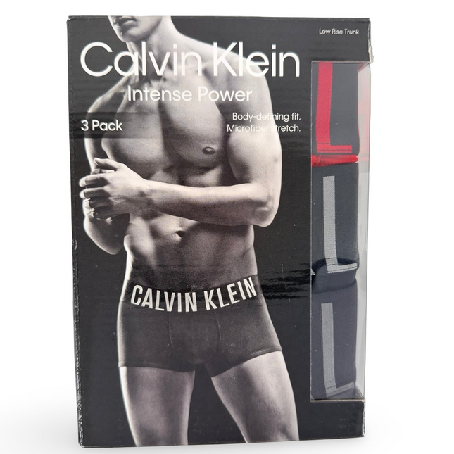 Calvin Klein Men’s Intense Power Low Rise Trunk 3 Pack in Black, Grey and Red