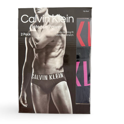 Calvin Klein Men's Intense Power Microfiber Stretch Hip Brief 2 Pack in Black with Red and Pink logo bands