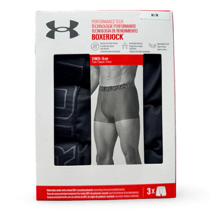 Under Armour Mens UA Performance Tech 6 inch 3 Pack Boxer Jocks Underwear - Black/Grey