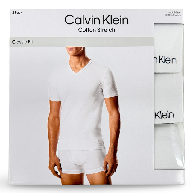 Calvin Klein Classic Fit Cotton Stretch V Neck T-Shirt 3 Pack - White