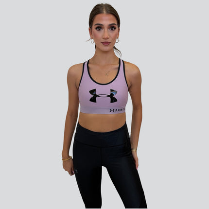 Under Armour women’s mid-support keyhole sports bra in mauve pink and black