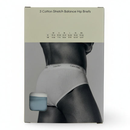 Calvin Klein Men’s Cotton Stretch Balance Hip Briefs 3 Pack in Grey, Navy and Blue