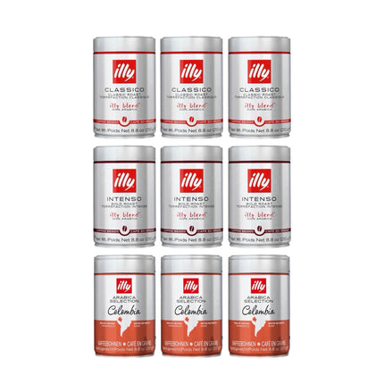 Illy Whole Bean Coffee Variety Pack 2.25kg (Classico, Intenso & Colombia – 9 x 250g)