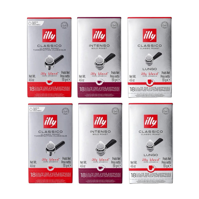 Illy E.S.E. Coffee Pods Variety Pack Medium & Dark Roast – 108 Pack (Classico, Intenso & Lungo 6 x 18)