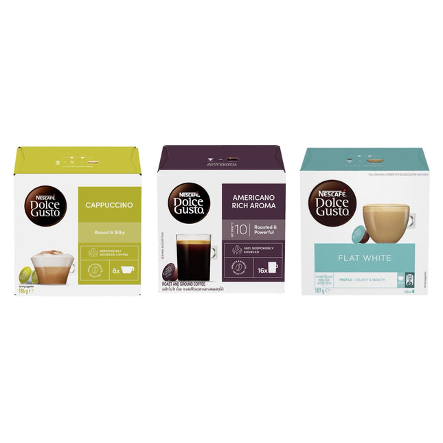 Nescafe Dolce Gusto Coffee Capsules Variety Pack 48 Pack (3 x 16) – Cappuccino, Americano & Flat White