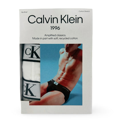 Calvin Klein Men's 1996 Cotton Stretch Hip Brief 3 Pack in Black, Grey and White