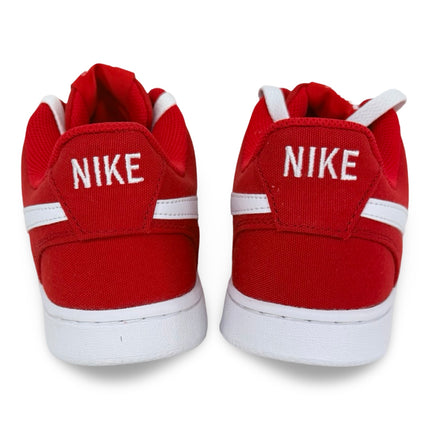 Close-up detail of Nike Men’s Court Vision Low Canvas upper and swoosh – University Red/White