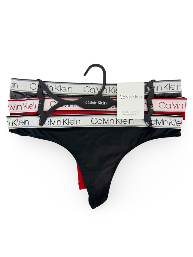 Calvin Klein Women's Cotton Stretch Thongs 3 Pack - Black/Red/Charcoal