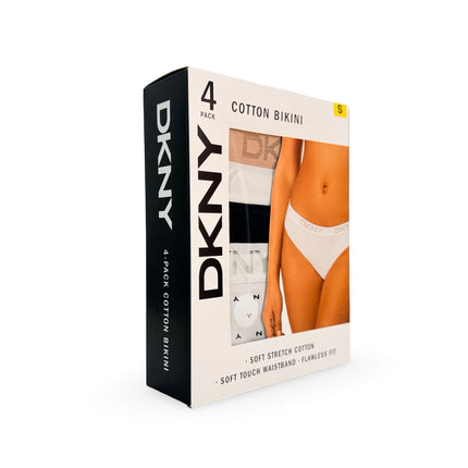 DKNY Women's Cotton Bikini 4 Pack - Black/White/Tan/Print