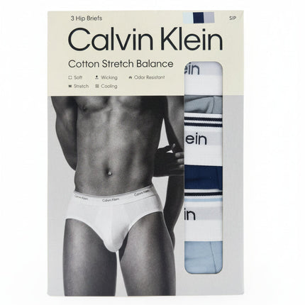 Calvin Klein Men’s Cotton Stretch Balance Hip Briefs 3 Pack in Grey, Navy and Blue