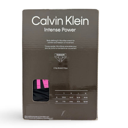 Calvin Klein Men's Intense Power Microfiber Stretch Hip Brief 2 Pack in Black with Red and Pink logo bands
