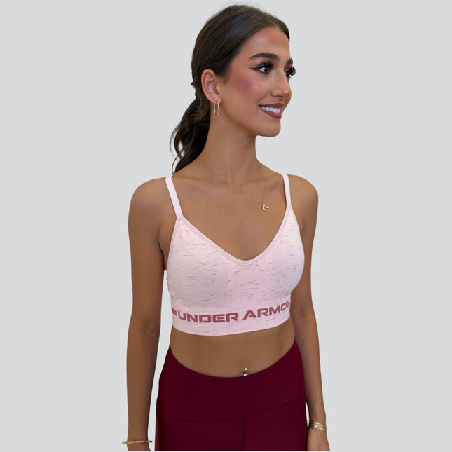 Under Armour women’s seamless low-support long sports bra in micro pink