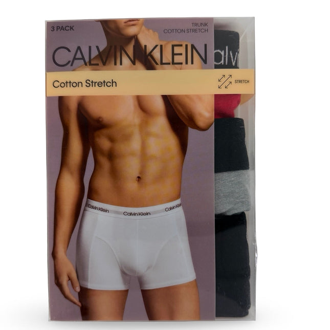 Calvin Klein Men's Cotton Stretch Trunk 3 Pack – Red/Grey/Black