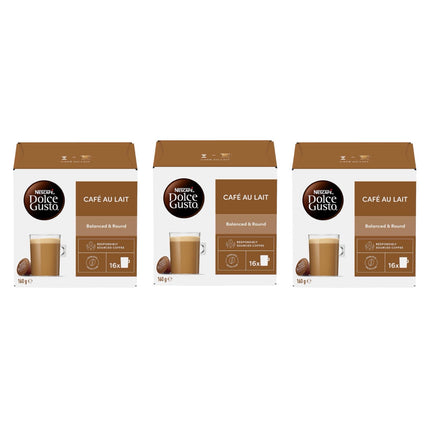 Nescafe Dolce Gusto Cafe Au Lait Coffee Capsules 48 Pack (3 x 16) - Creamy & Smooth