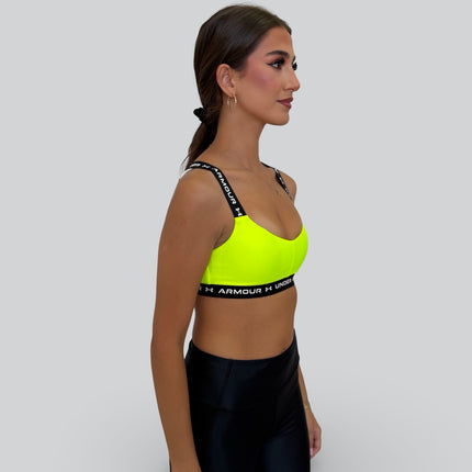 Under Armour women’s crossback low-support sports bra in high-vis yellow with black elastic band