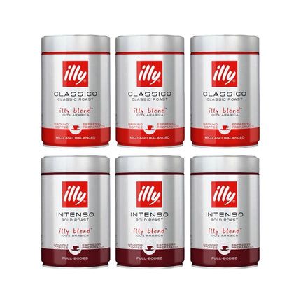 Illy Ground Coffee Medium & Dark Roast – 1.5kg (3x Classico & 3x Intenso 250g)
