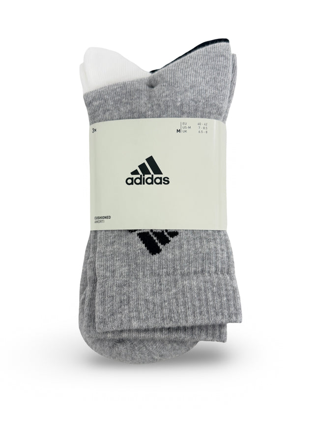 Adidas Unisex Cushioned Crew Socks 3 Pack - Black/Grey/White - Black Logo