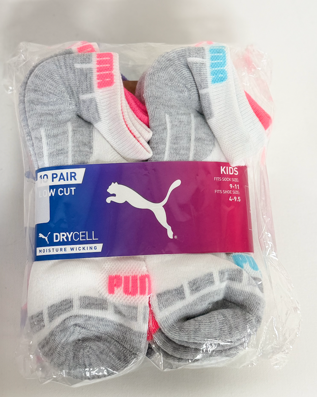 Puma Kids DryCell Low Cut Socks 10 Pack – White/Grey/Multi