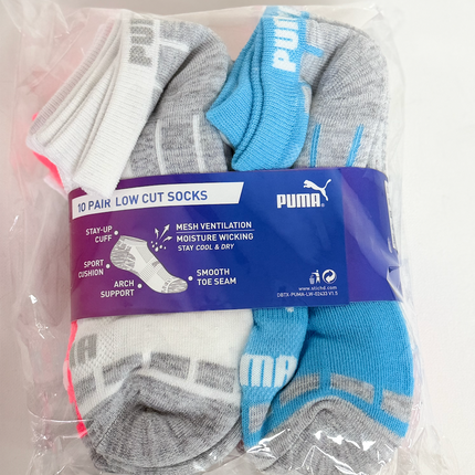 Puma Kids DryCell Low Cut Socks 10 Pack – White/Grey/Multi