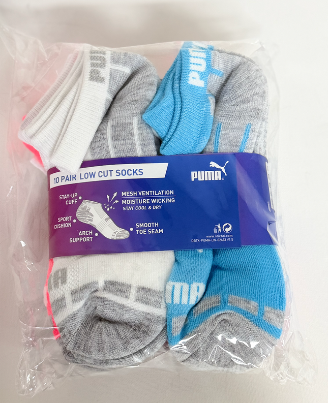 Puma Kids DryCell Low Cut Socks 10 Pack – White/Grey/Multi