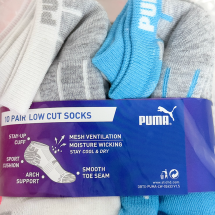 Puma Kids DryCell Low Cut Socks 10 Pack – White/Grey/Multi