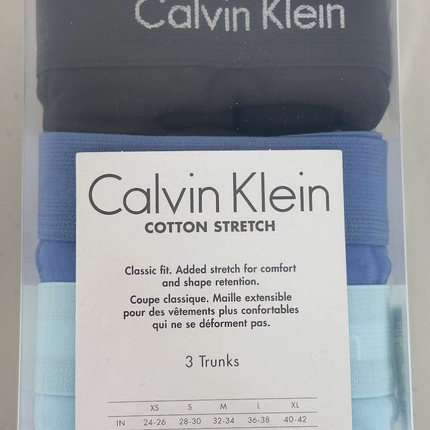 Calvin Klein Men's Cotton Stretch Trunks 3 Pack Underwear - Navy/ Blue / Light Blue