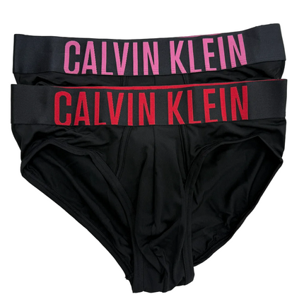 Black Calvin Klein underwear with red and pink branding on a white background