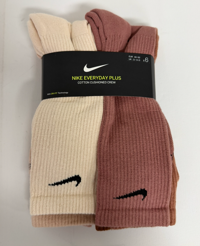 Nike Unisex 6 Pack Everyday Cushion Crew Socks - Pearl White Black/Bio Beige Black/Rose Whisper Black