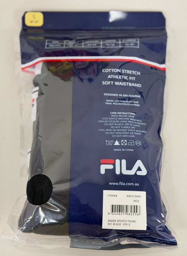 Fila Men's Cotton Stretch Sports Trunk 3 Pack Black