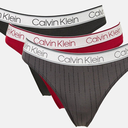 Calvin Klein Women's Chromatic Thong 3-Pack - Black/Red Carpet/Chalk Stripe Grey