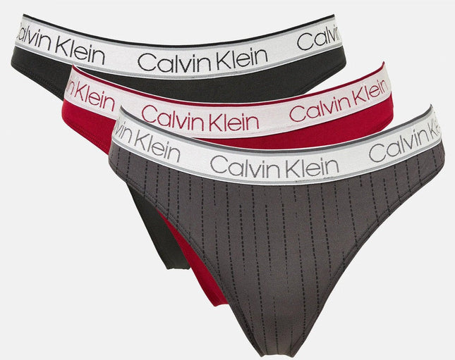 Calvin Klein Women's Chromatic Thong 3-Pack - Black/Red Carpet/Chalk Stripe Grey
