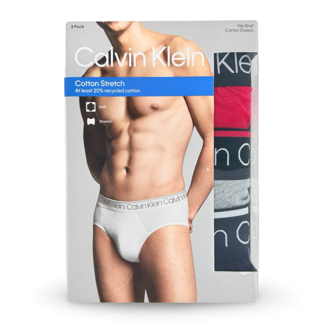 Calvin Klein Mens Cotton Stretch Hip Brief 3 Pack - Black/Red/Grey