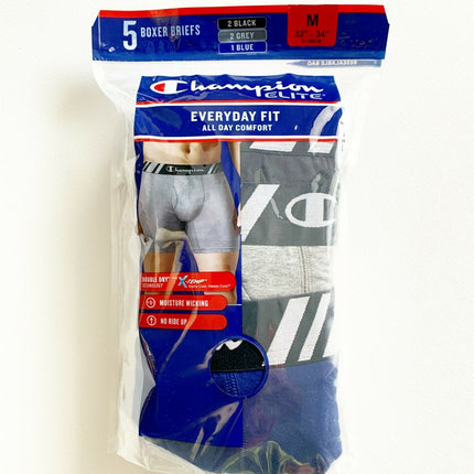 Champion Men’s Elite X-Temp Double Dry Boxer Briefs – 5 Pack (Black/Grey/Blue)